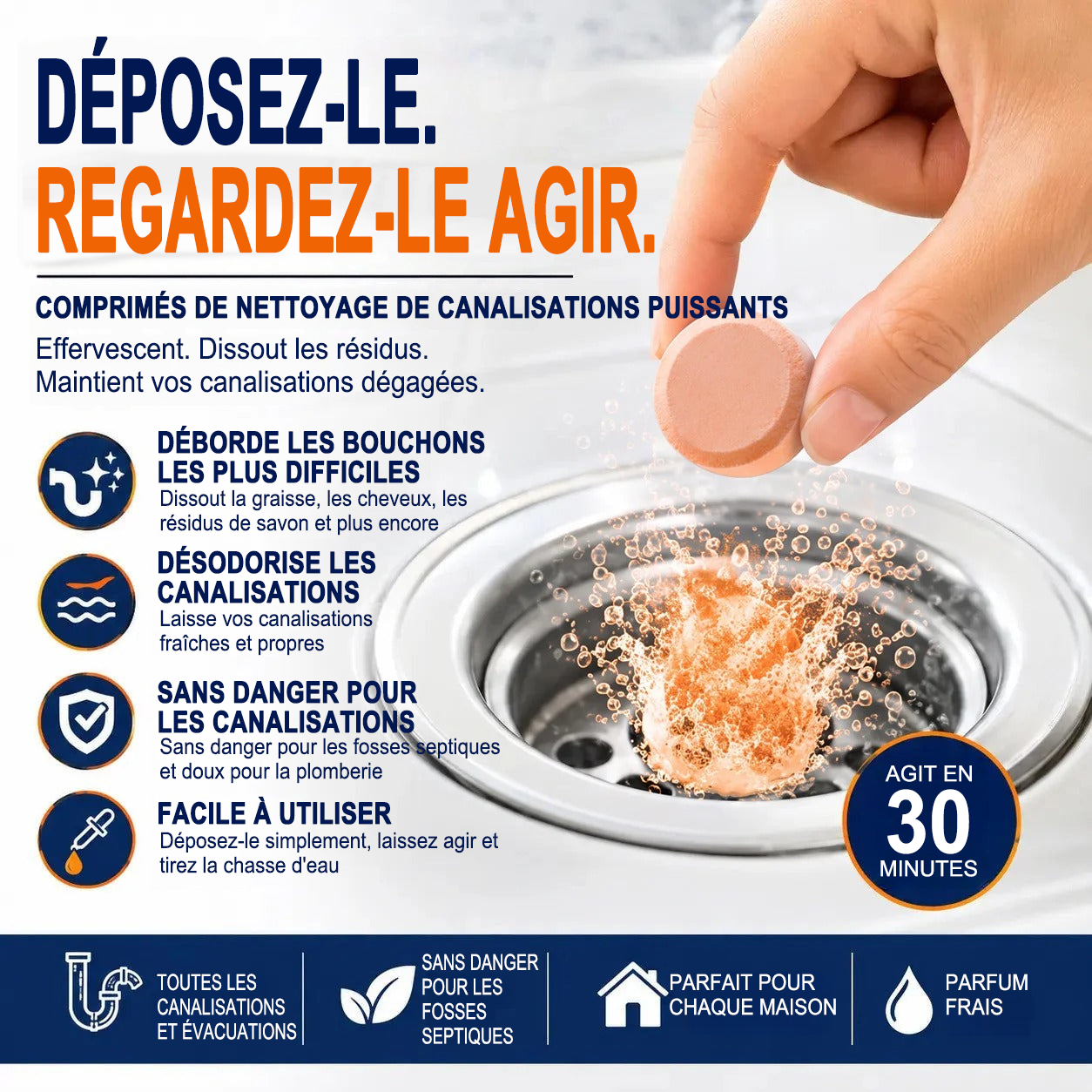 💥 Pastilles nettoyantes moussantes pour canalisations — Oxygène actif | Élimine les nuisibles des canalisations | Sans javel, sans soude caustique, sans danger pour les tuyaux