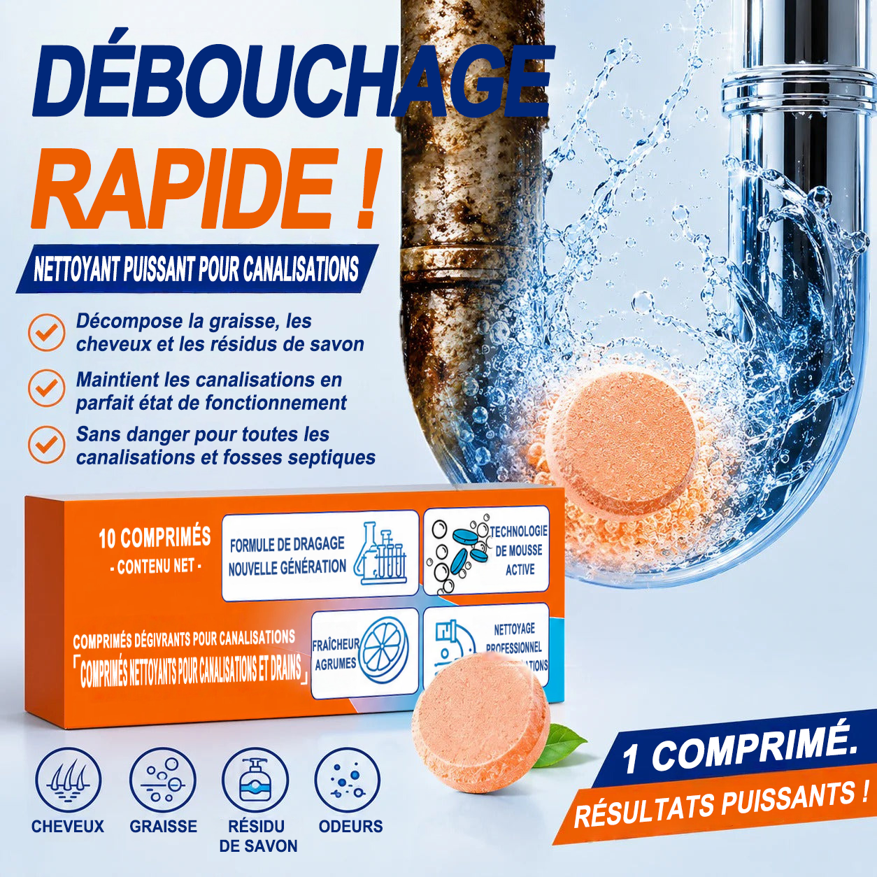 💥 Pastilles nettoyantes moussantes pour canalisations — Oxygène actif | Élimine les nuisibles des canalisations | Sans javel, sans soude caustique, sans danger pour les tuyaux