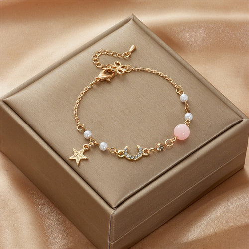 Japan Korea Star Moon Bracelet For Women Fashion Crystal Pearl Chain Jewelry