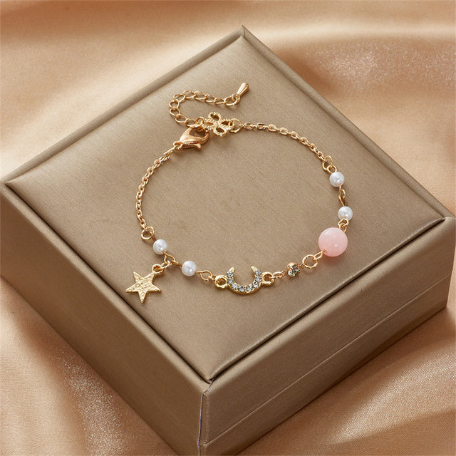 Japan Korea Star Moon Bracelet For Women Fashion Crystal Pearl Chain Jewelry