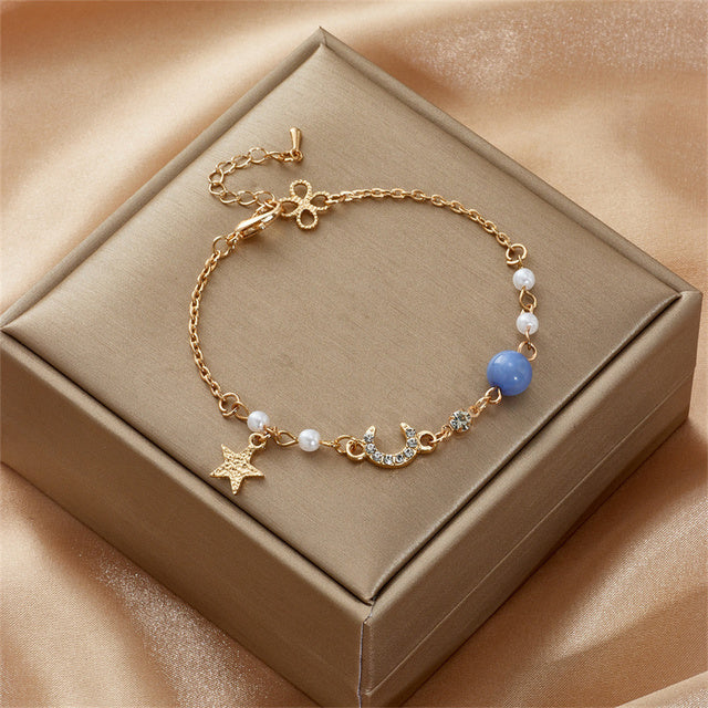 Japan Korea Star Moon Bracelet For Women Fashion Crystal Pearl Chain Jewelry